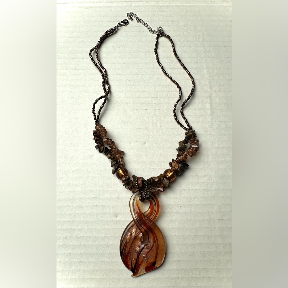 Vintage Murano Amber Twisted Glass Chunky Pendant Necklace Stone‎ Beads Bohemian